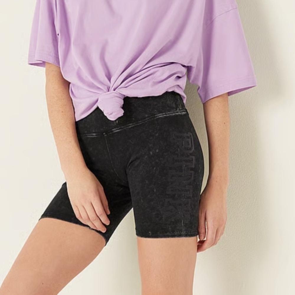 PINK Victoria’s Secret High-Waist Logo Biker Shorts in Acid Wash Black
